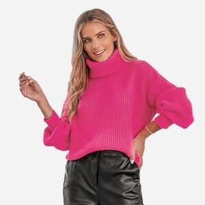 Women's Chunky Knit Turtleneck Long Sleeve Sweater -- Hot Pink